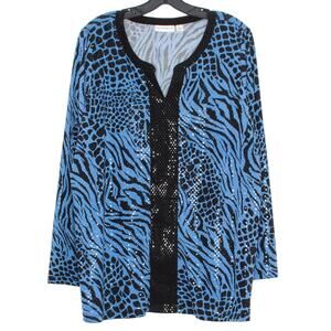 Susan Graver Top Animal Sequin Glam Statement Bold Zebra Mixed Blue Black XL
